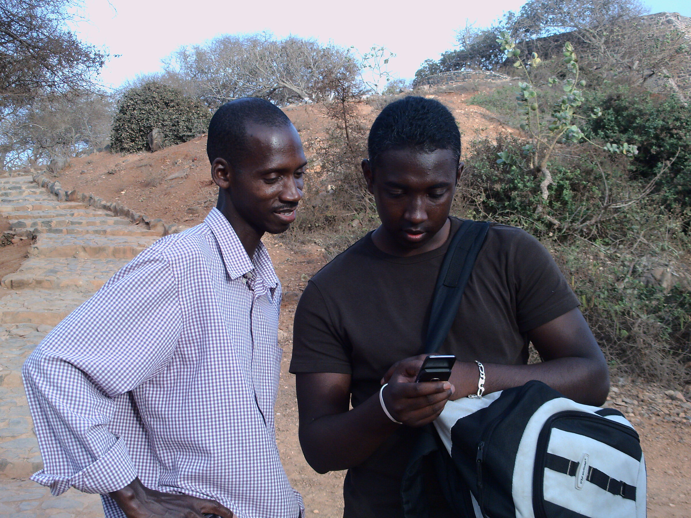 Deux jeunes hommes, l'un consultant un téléphone portable