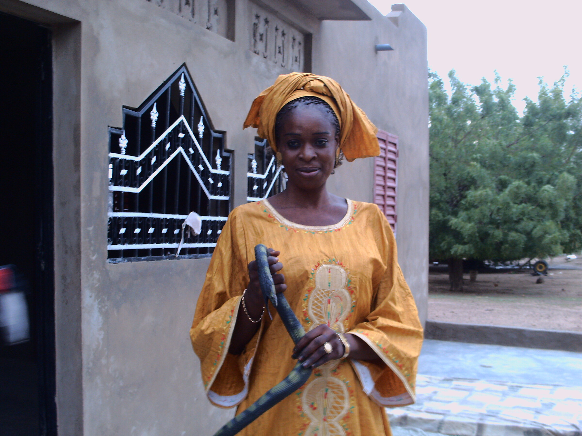 Une femme au foulard doré, debout, tenant une canne